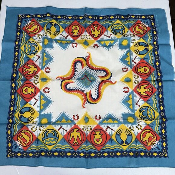 Accessories - Vintage Native Bandana Southwestern Aztec Teal Square Handkerchief